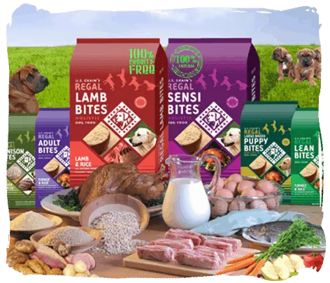 Confezioni di mangime Regal esposte accanto a carne e verdure fresche