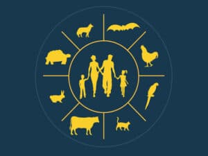 Grafica sulle zoonosi: una famiglia al centro circondata dalle sagome di animali domestici e da reddito