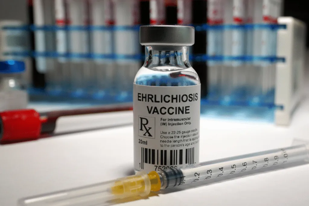 Flaconcino con etichetta di un vaccino per l'ehrlichiosi accanto a una siringa e a provette da laboratorio